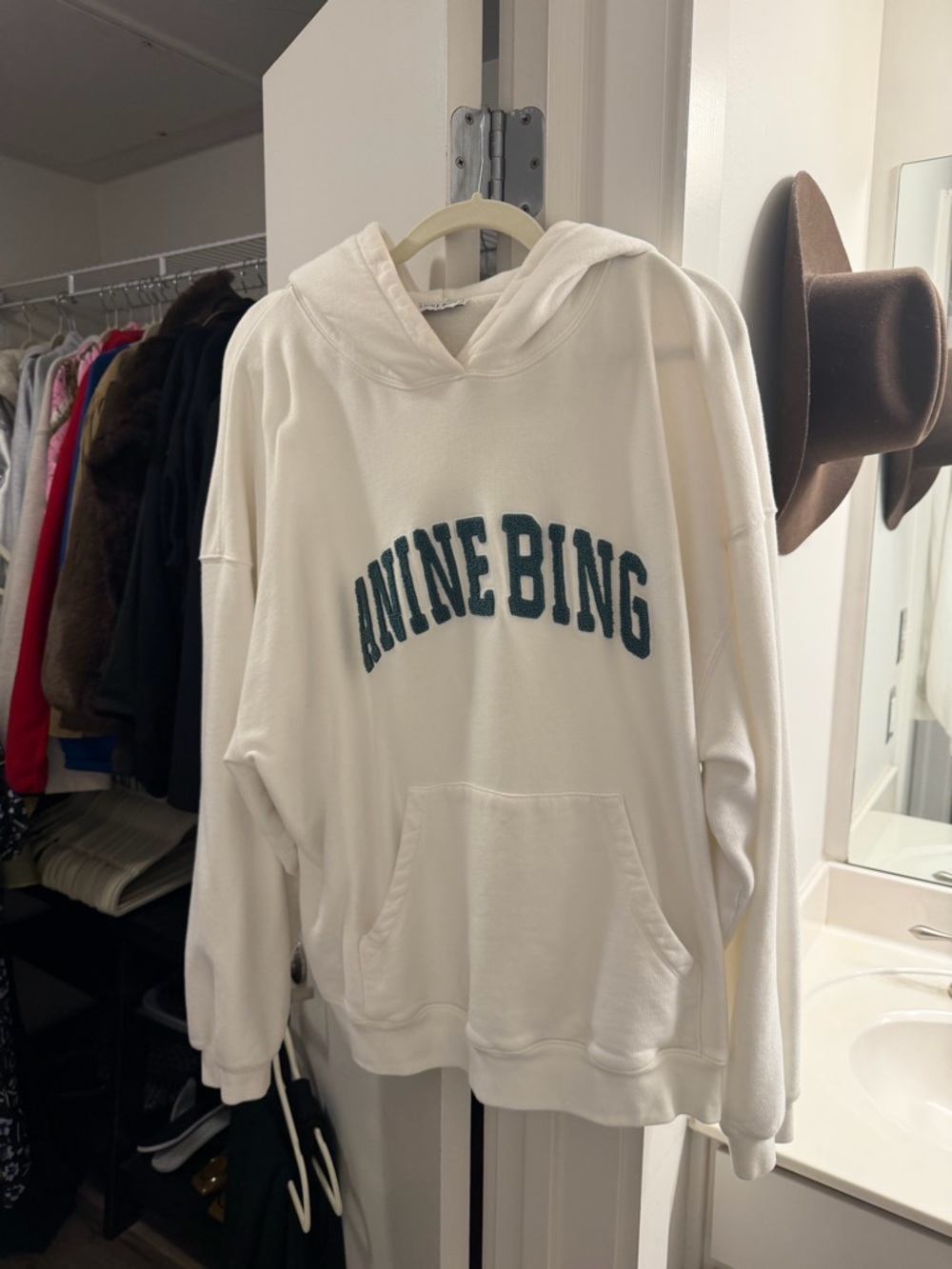 Anine Bing Cream Hoodie with Dark Green Logo